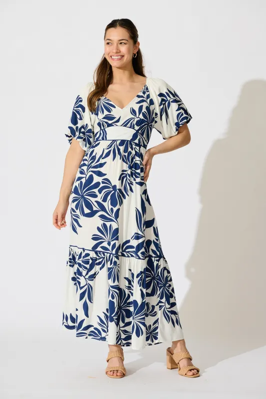 Delphinia Midi Dress in White with Navy Leaf Linen Blend sold by St Frock