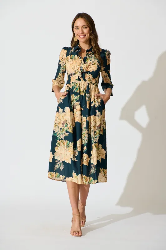 Bloom Midi Dress in Teal with Cream Floral sold by St Frock