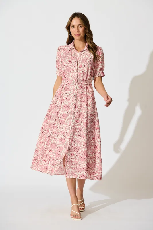 Sharmaine Maxi Shirt Dress in White with Pink Floral sold by St Frock