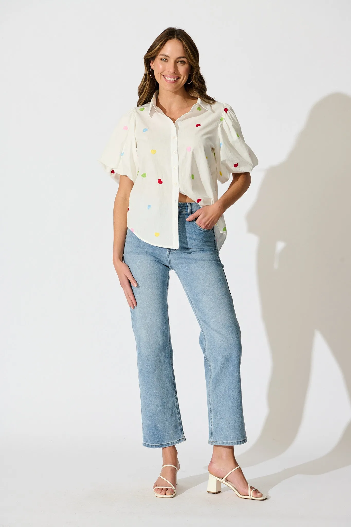 Amore Heart Shirt in White with Multi Heart Embroidered Cotton sold by St Frock product image thumbnail 4