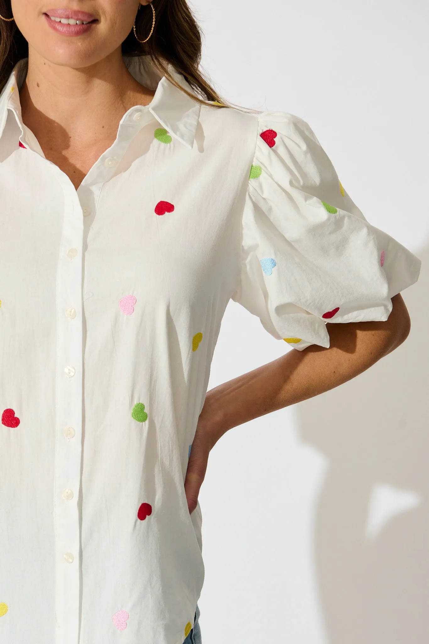 Amore Heart Shirt in White with Multi Heart Embroidered Cotton sold by St Frock product image thumbnail 5