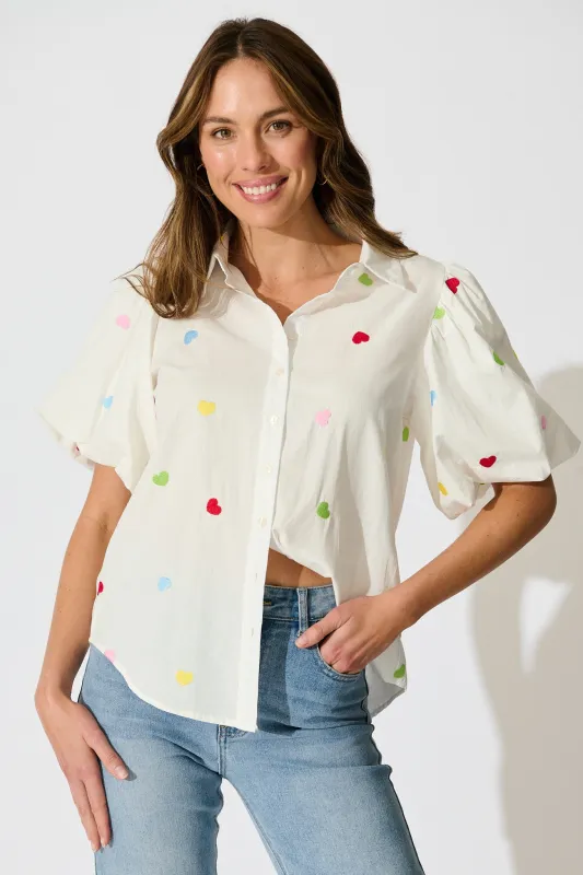 Amore Heart Shirt in White with Multi Heart Embroidered Cotton sold by St Frock