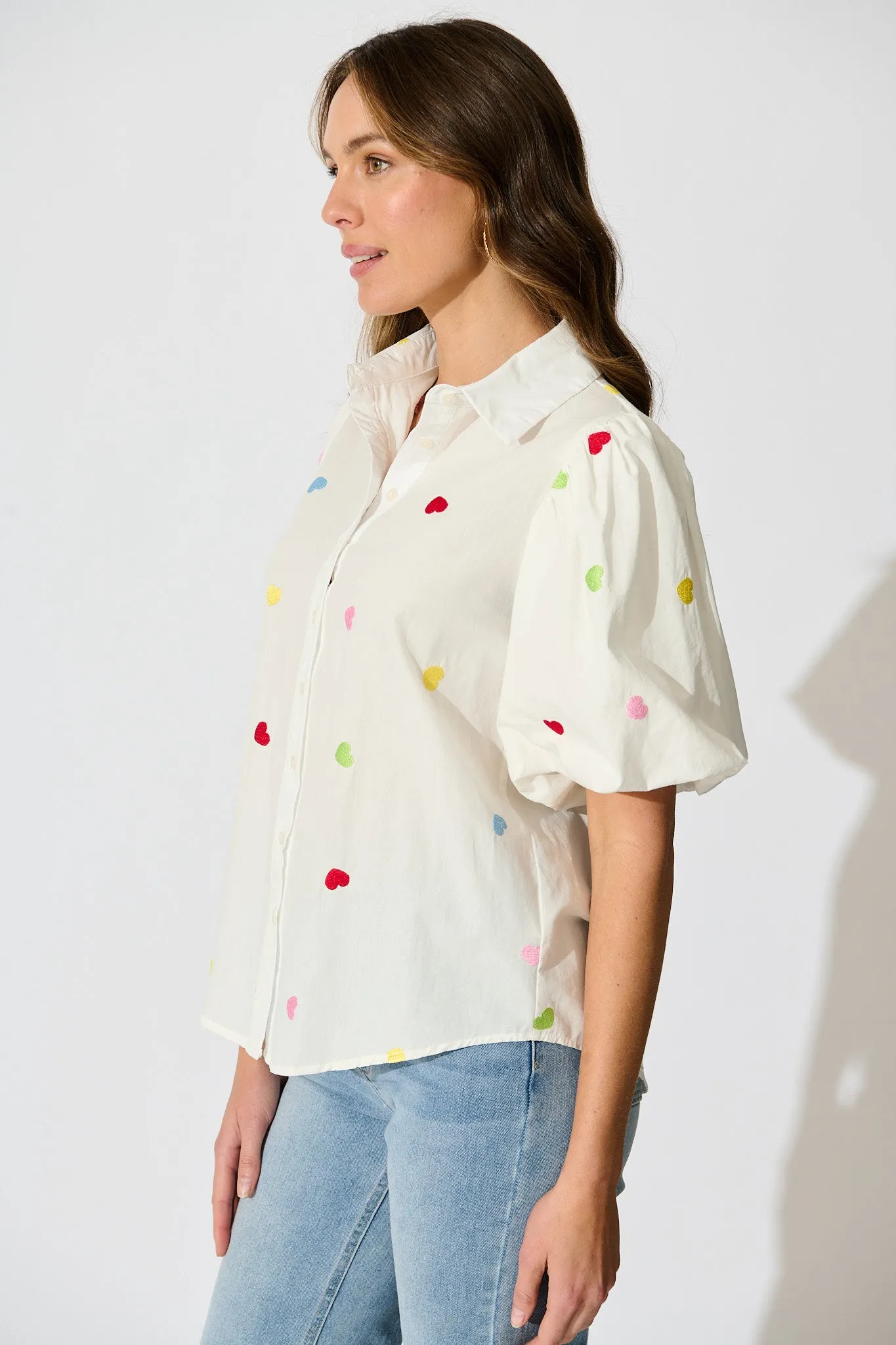 Amore Heart Shirt in White with Multi Heart Embroidered Cotton sold by St Frock product image thumbnail 2
