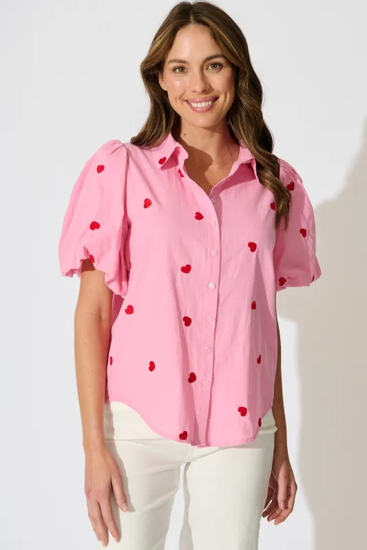 Amore Heart Shirt in Pink with Red Heart Embroidered Cotton sold by St Frock