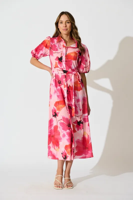 Gabriela Maxi Shirt Dress in Pink Floral Satin sold by St Frock
