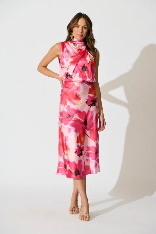 Visions Maxi Dress in Pink Floral Satin sold by St Frock