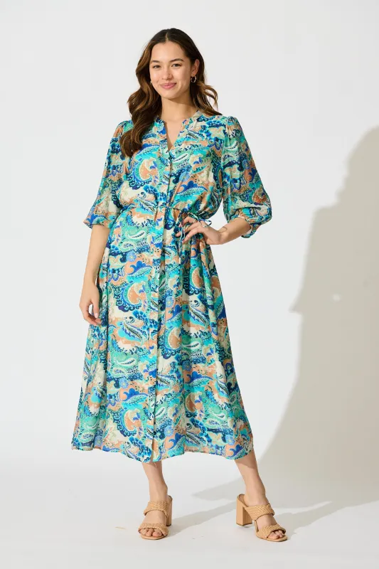 Lonnie Midi Dress in Green with Multi Print sold by St Frock