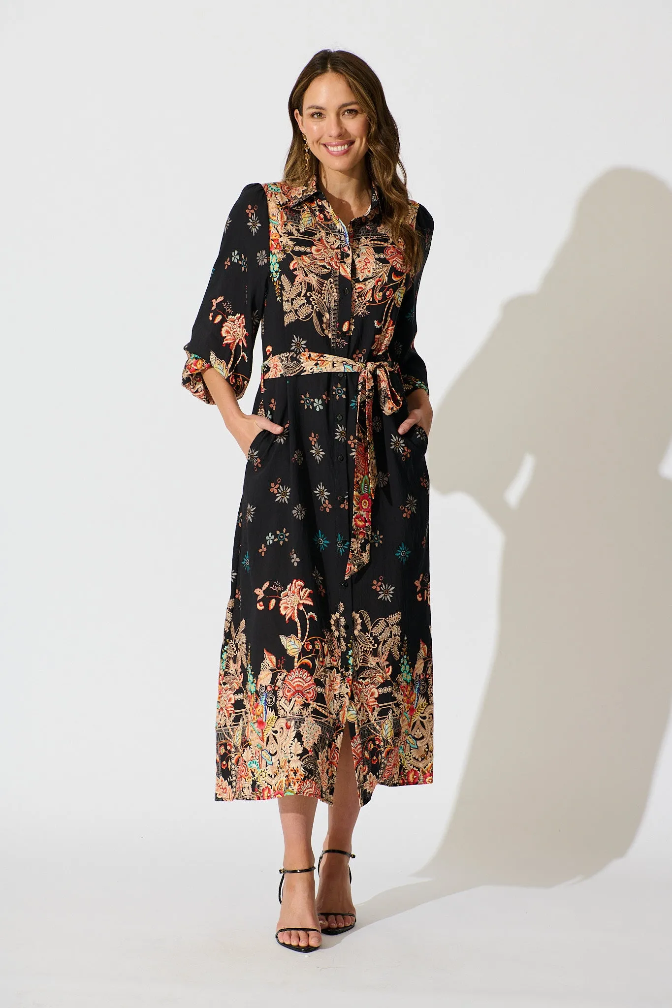 PRE ORDER Tamlyn Maxi Shirt Dress in Black Floral Linen Blend sold by St Frock
