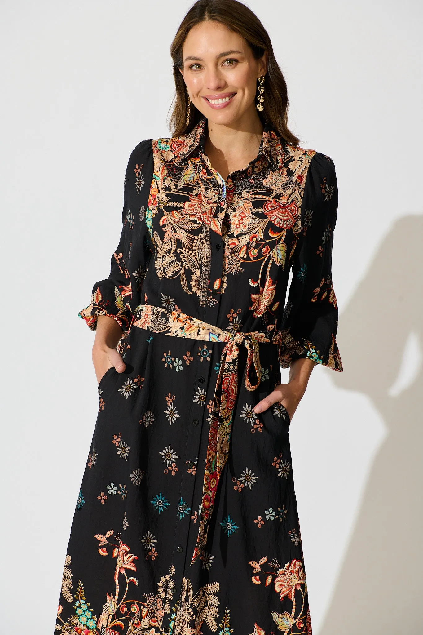 PRE ORDER Tamlyn Maxi Shirt Dress in Black Floral Linen Blend sold by St Frock product image thumbnail 2
