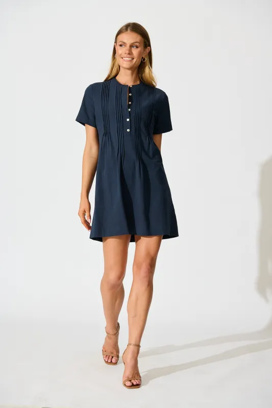 Ivory Fields Smock Dress in Navy Cotton sold by St Frock