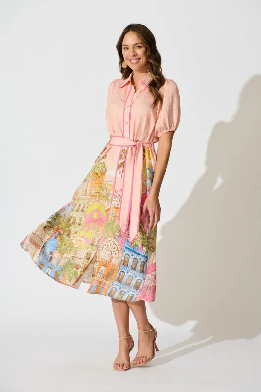 Lila Shirt Dress In In Pink with Tropical City Print sold by St Frock