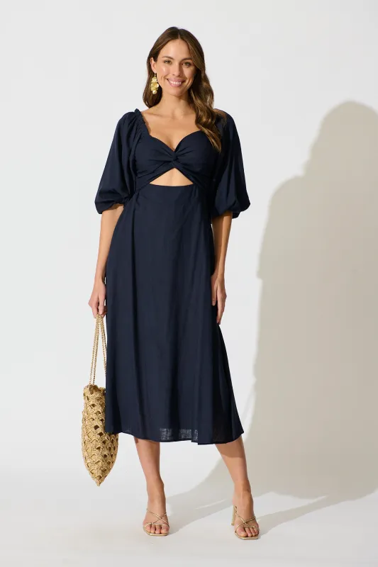 Solana Midi Dress in Navy Linen Blend sold by St Frock