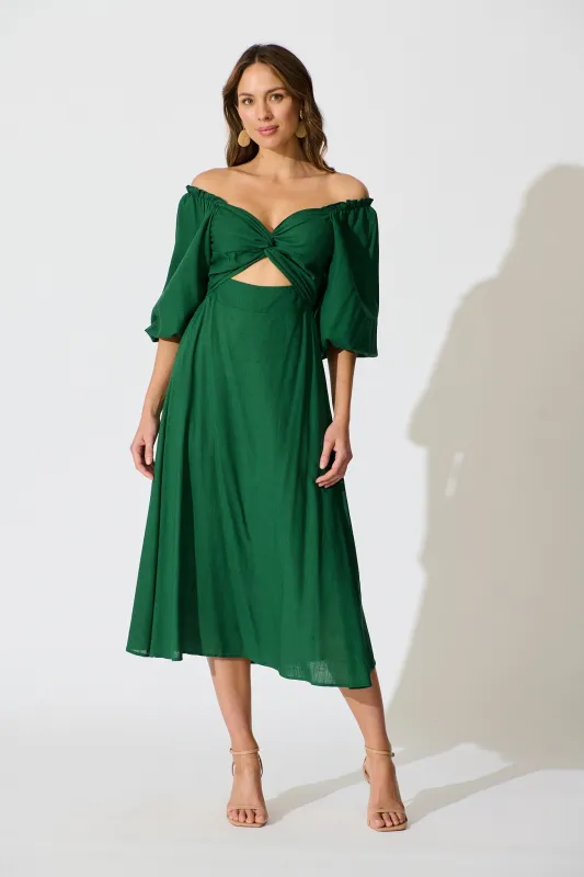 Solana Midi Dress in Emerald Linen Blend sold by St Frock