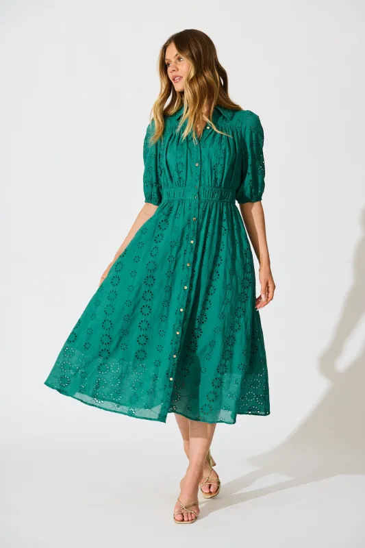 Ayla Midi Shirt Dress In Emerald Embroidered Cotton sold by St Frock