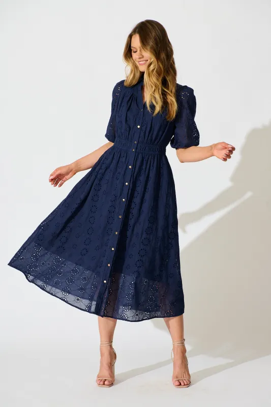 PRE ORDER Ayla Midi Shirt Dress In Navy Embroidered Cotton sold by St Frock