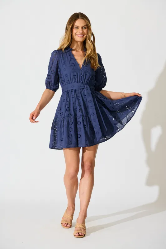 Carlotta Dress In Navy Embroidered Cotton sold by St Frock