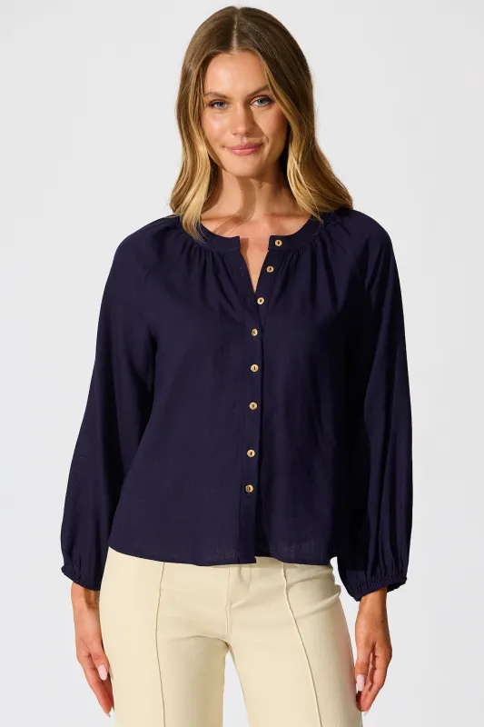 Island Whisperer Top in Navy Linen Blend sold by St Frock