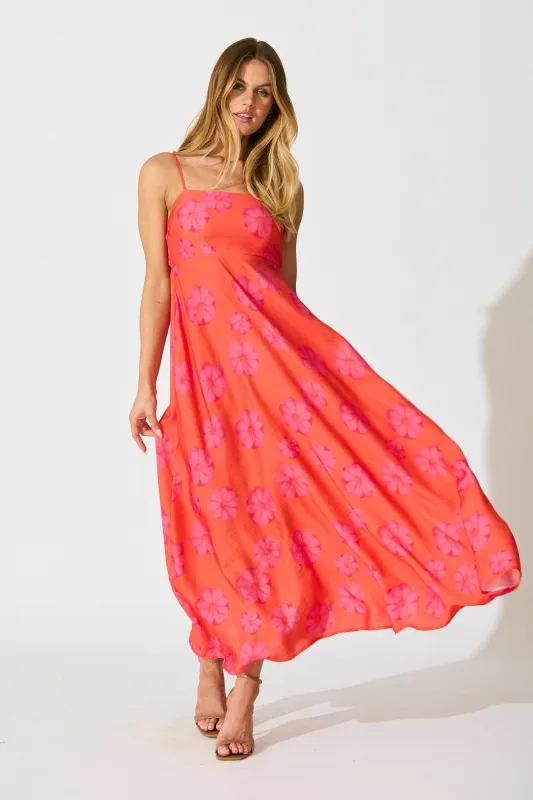 Yetta Maxi Sundress In Coral Flower Print sold by St Frock