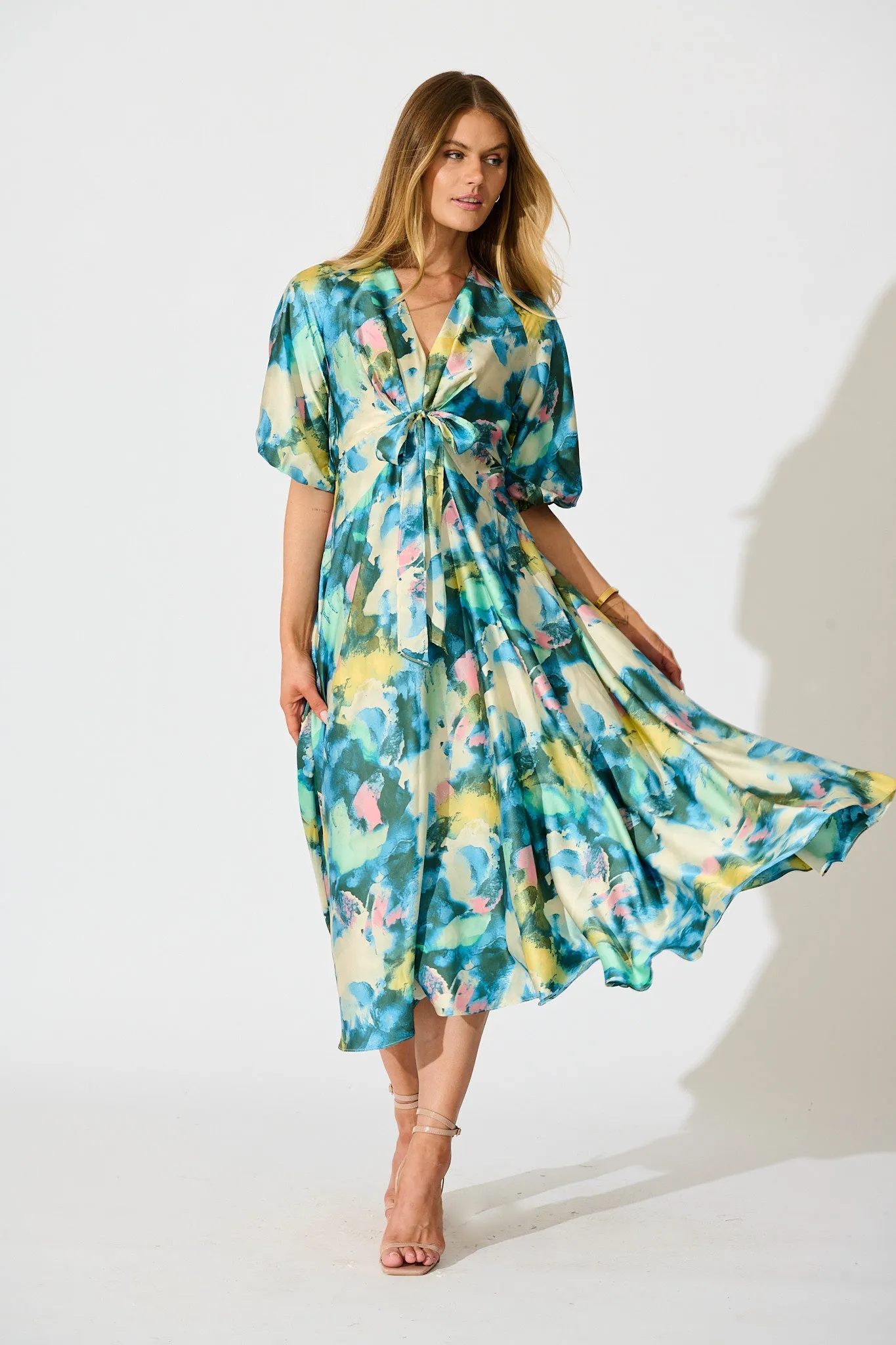 Iris Belle Maxi Dress in Blue Multi Watercolour Satin sold by St Frock