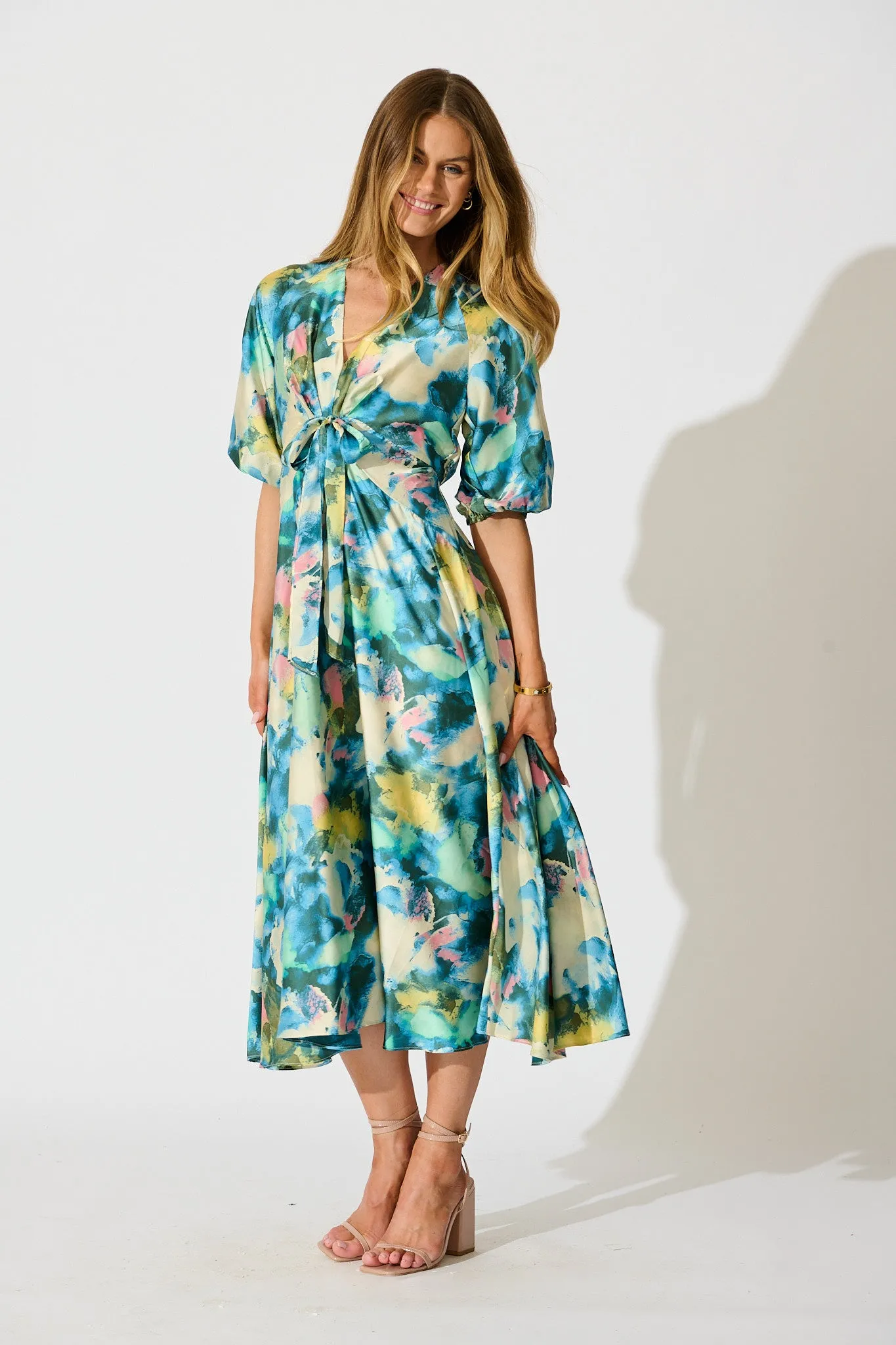 Iris Belle Maxi Dress in Blue Multi Watercolour Satin sold by St Frock product image thumbnail 3