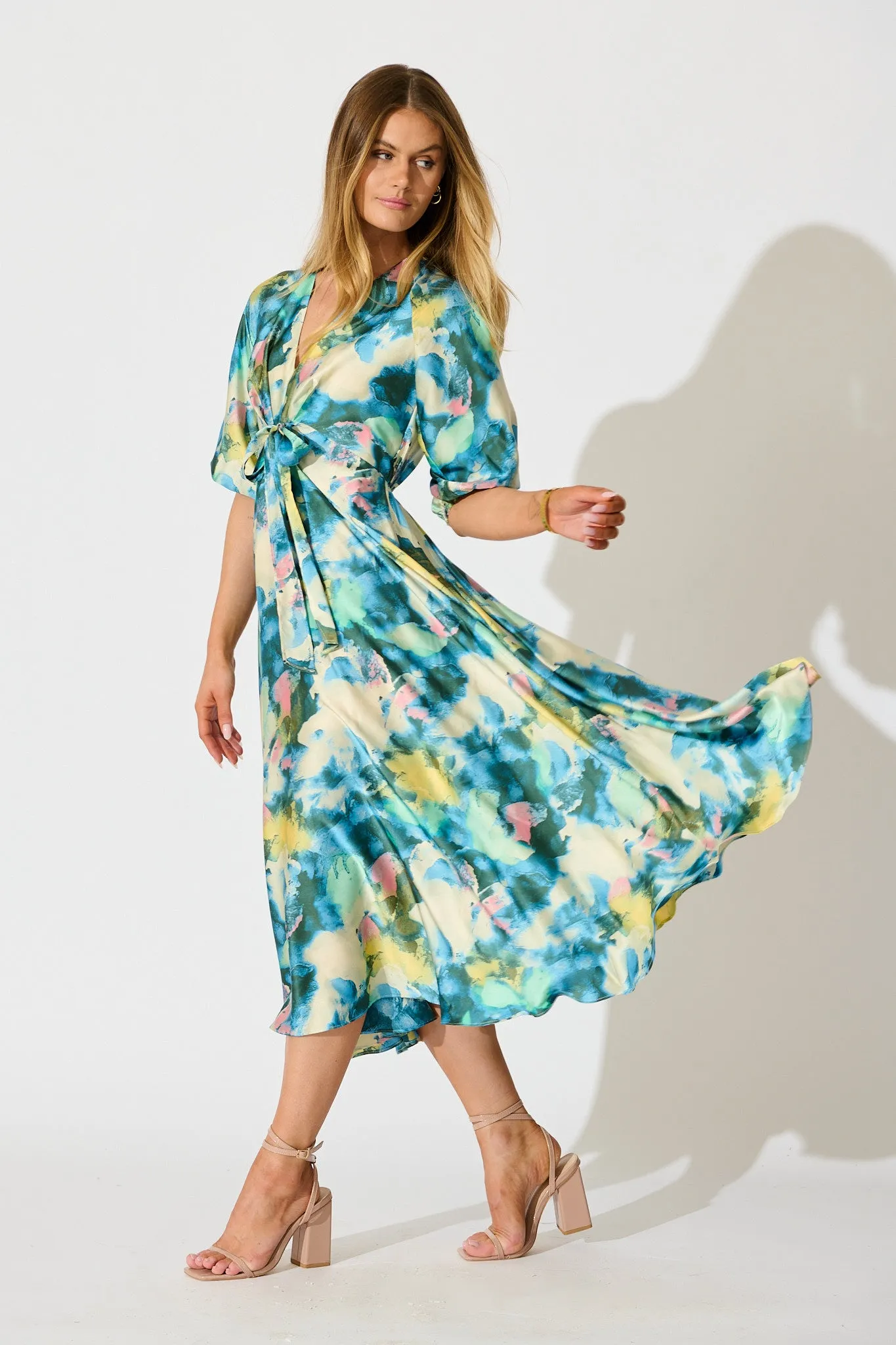 Iris Belle Maxi Dress in Blue Multi Watercolour Satin sold by St Frock product image thumbnail 4