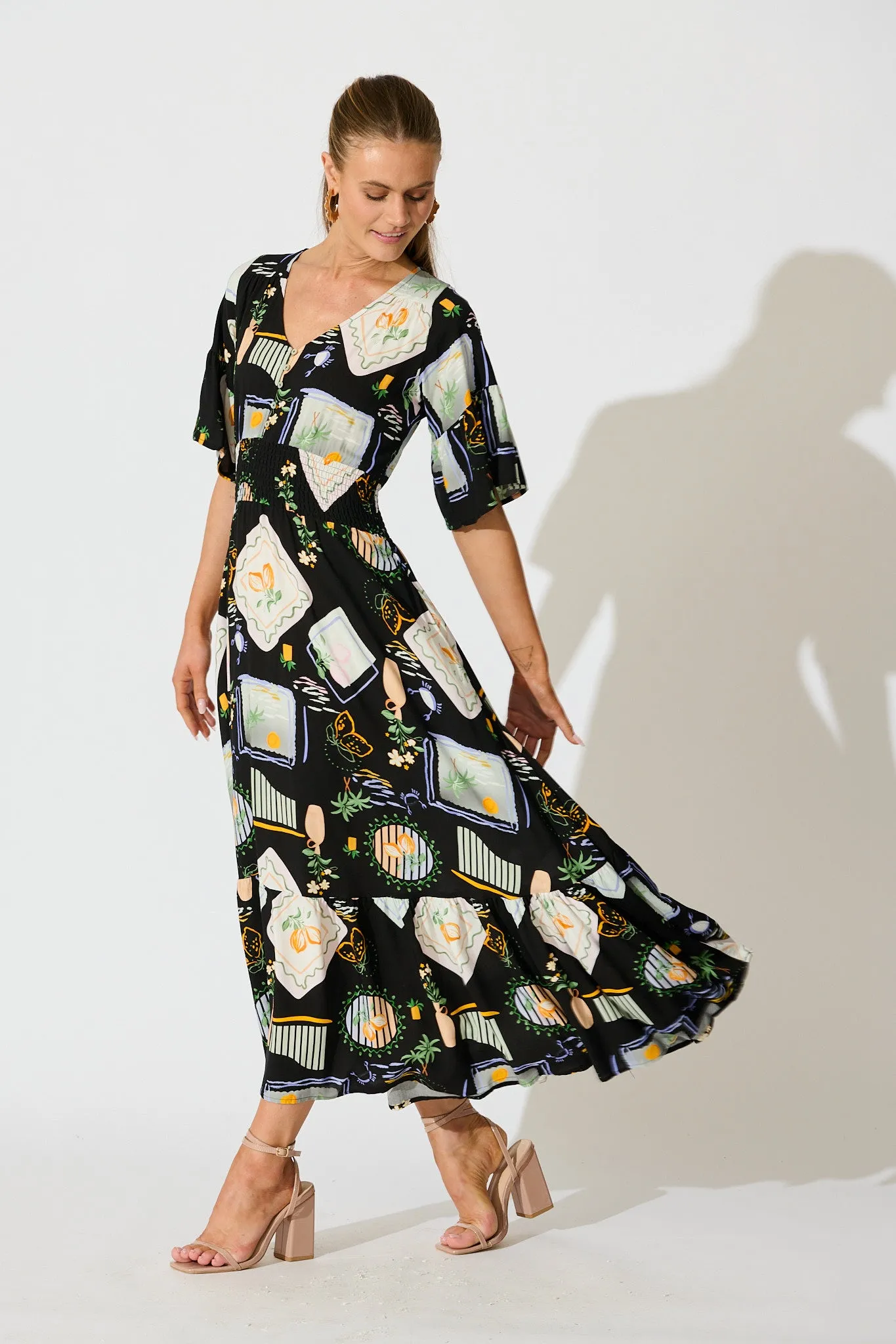 Eloa Midi Dress in Black with Multi Print sold by St Frock product image thumbnail 3