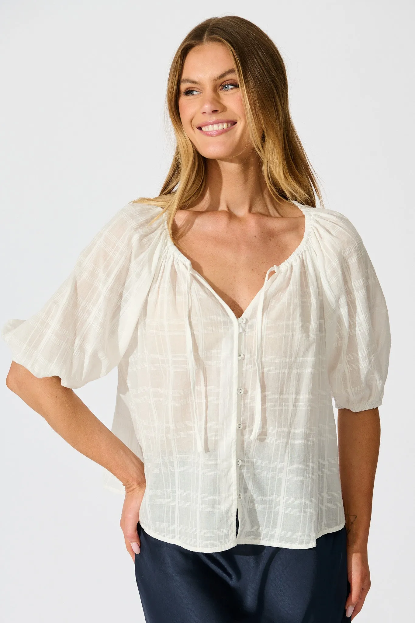 Seabound Top in White Textured Cotton sold by St Frock