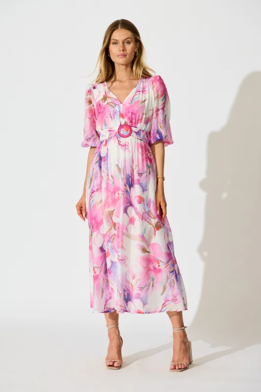 Adrina Maxi Dress in White with Pink Watercolour sold by St Frock