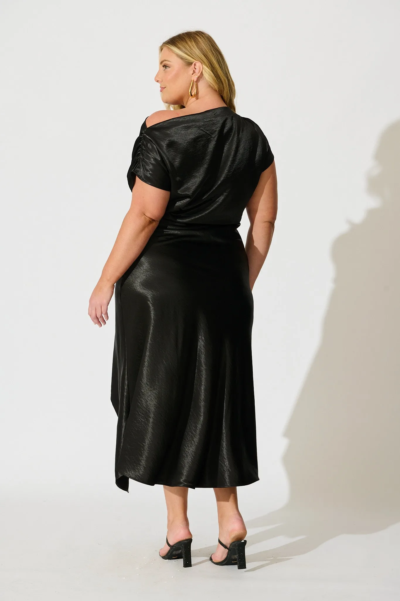 Satin Glow Off Shoulder Maxi Dress in Black Satin sold by St Frock product image thumbnail 4