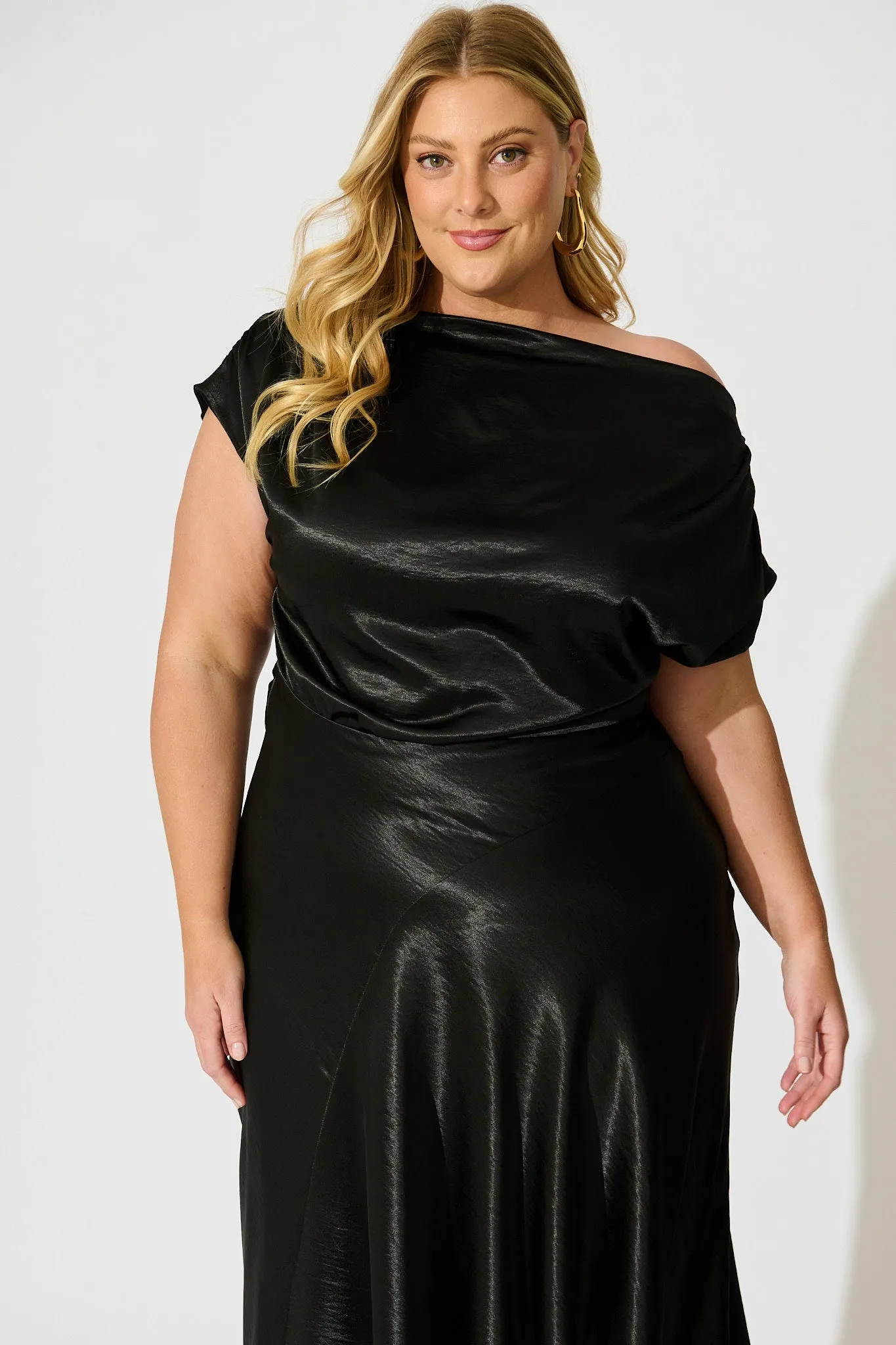 Satin Glow Off Shoulder Maxi Dress in Black Satin sold by St Frock product image thumbnail 2