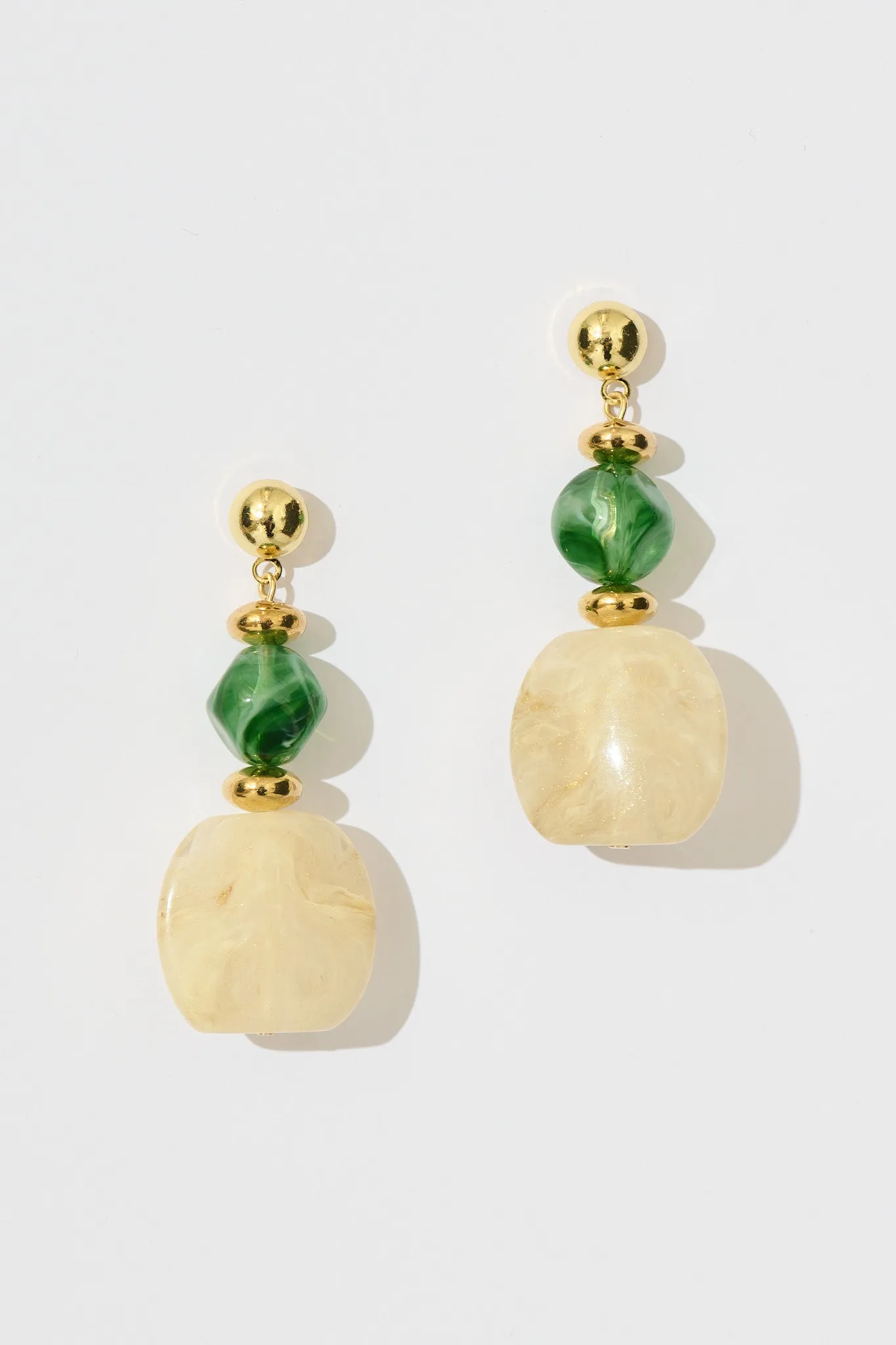 Zara Drop Earrings in Jade Green and Champagne Resin sold by St Frock