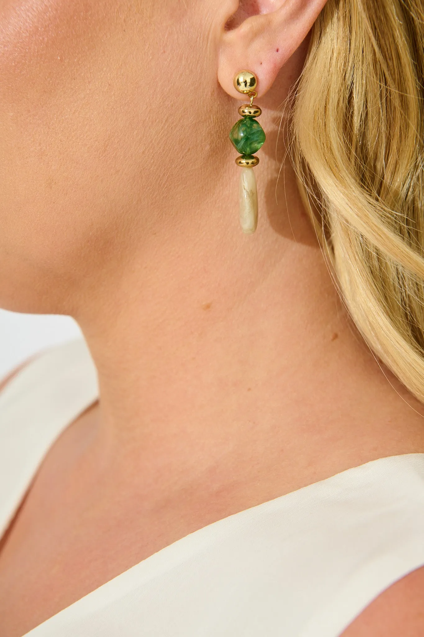 Zara Drop Earrings in Jade Green and Champagne Resin sold by St Frock product image thumbnail 4
