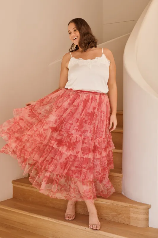 Sky Bloom Midi Skirt in Pink Floral Tulle sold by St Frock