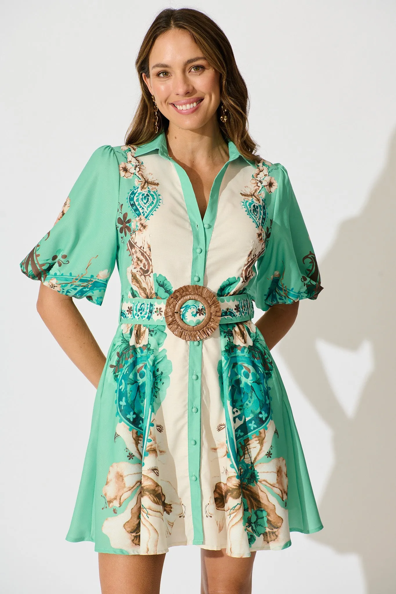 Enchanted Oasis Dress in Cream with Jade Print Linen Blend sold by St Frock product image thumbnail 4
