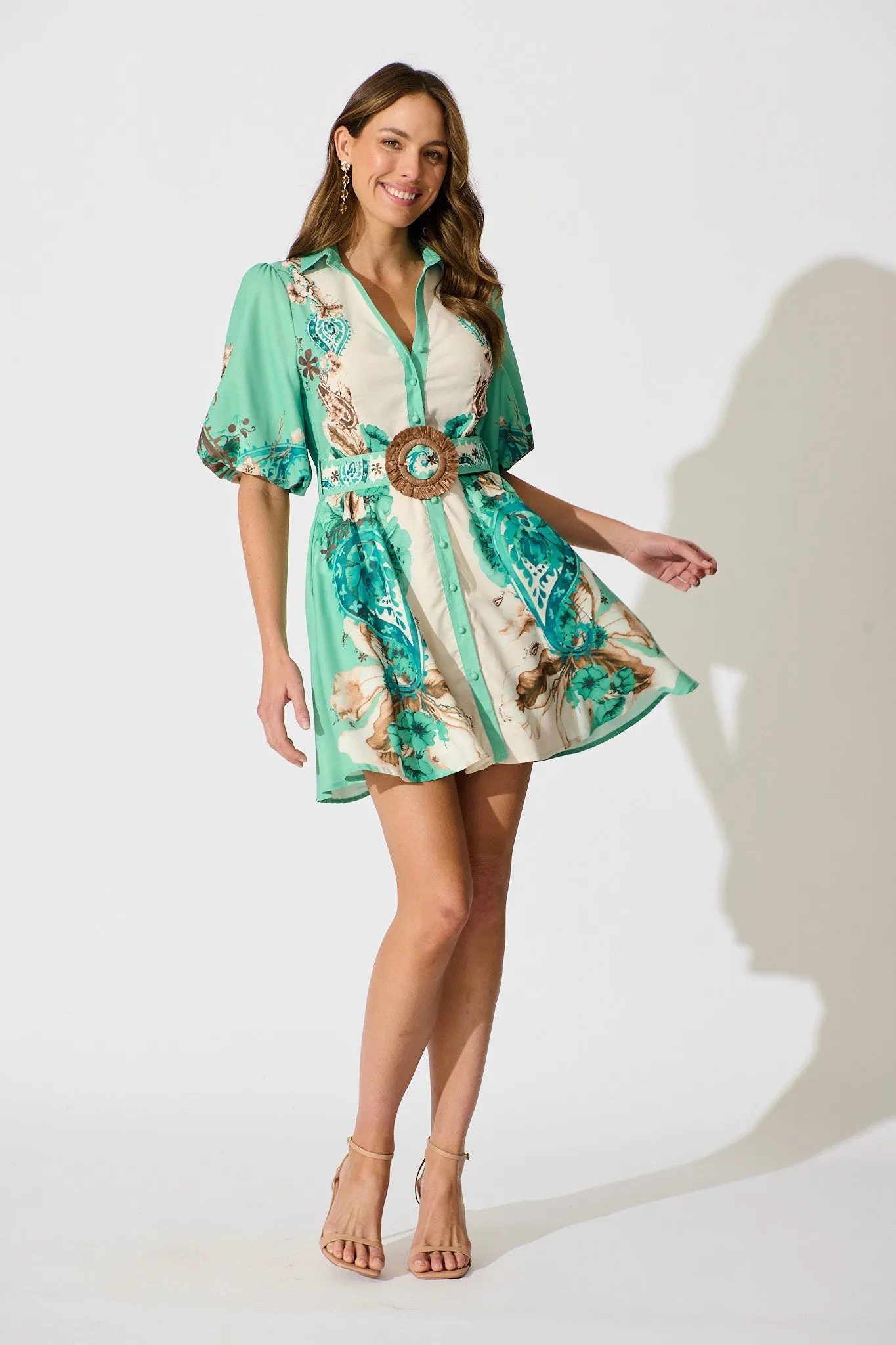 Enchanted Oasis Dress in Cream with Jade Print Linen Blend sold by St Frock product image thumbnail 3