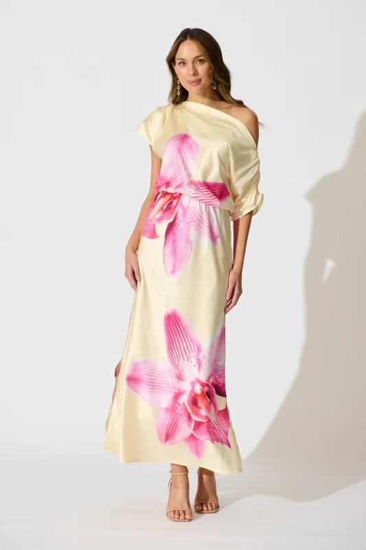 Sarita Maxi Off Shoulder Dress in Butter Yellow Floral Satin sold by St Frock