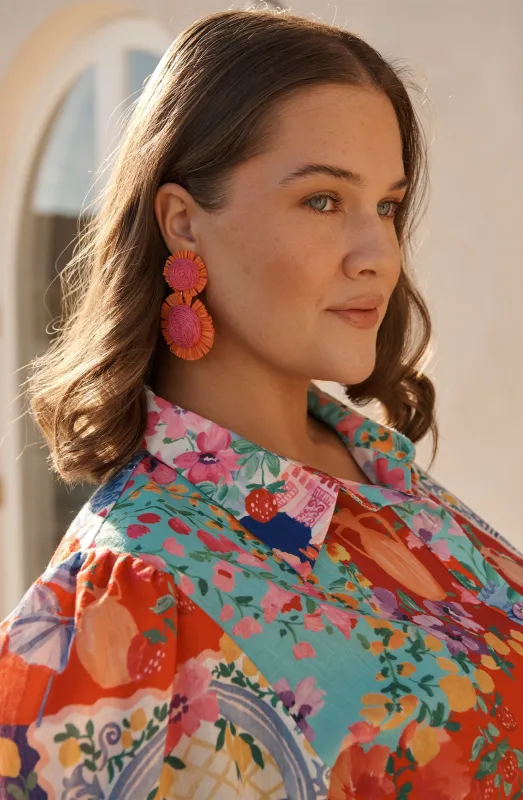 Poppy Earrings in Fuchsia and Tangerine Raffia sold by St Frock