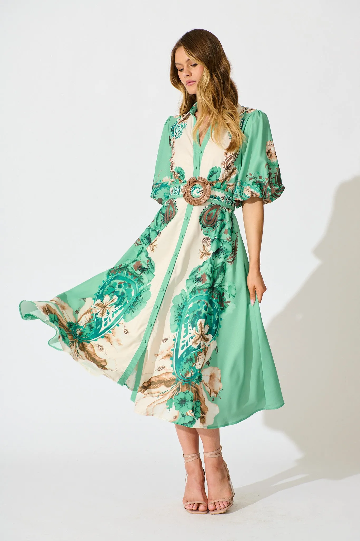 Jade Garden Midi Shirt Dress in Cream with Jade Print Linen Blend sold by St Frock product image thumbnail 3