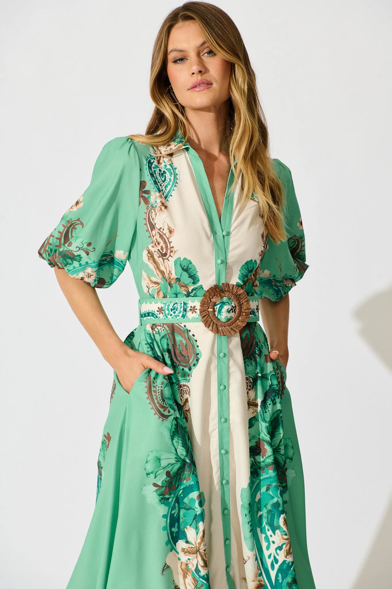 Jade Garden Midi Shirt Dress in Cream with Jade Print Linen Blend sold by St Frock product image thumbnail 5