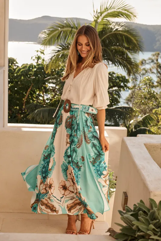 Boheme Breeze Skirt in Cream with Jade Print Linen Blend sold by St Frock