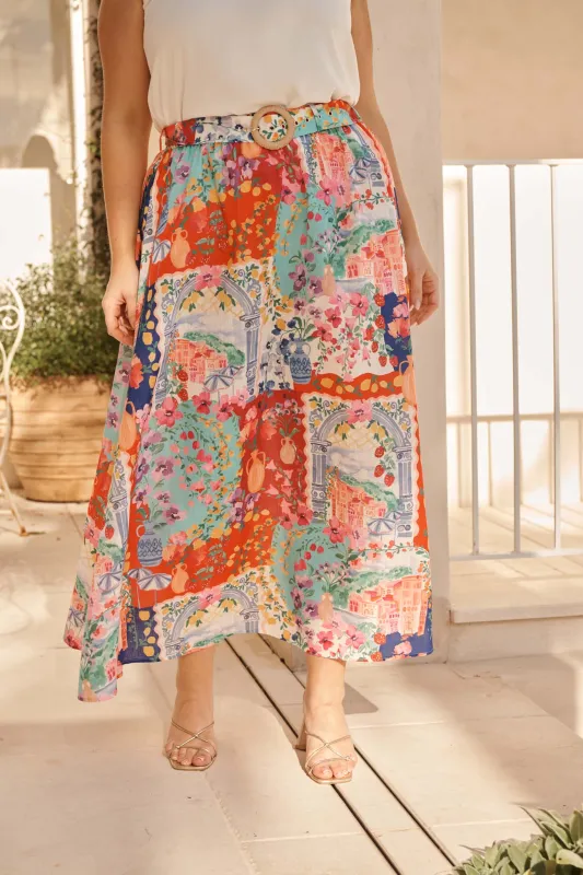 Postcards From Paradise Maxi Skirt In Multi Resort Linen Blend sold by St Frock
