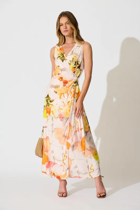 Oriana Maxi Wrap Dress in Orange Multi Floral sold by St Frock