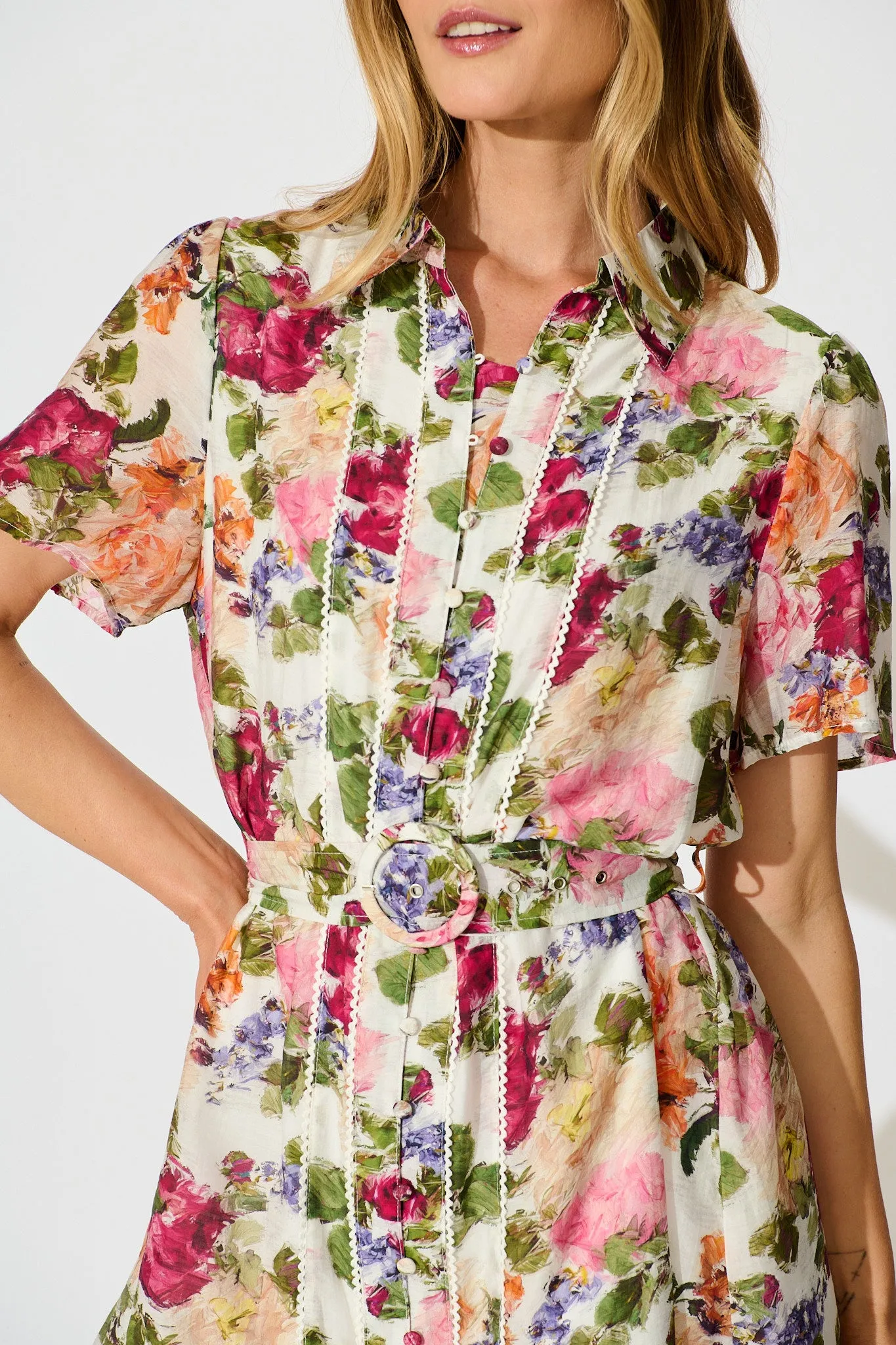 Luciana Shirt Dress in White with Multi Floral Print sold by St Frock product image thumbnail 5