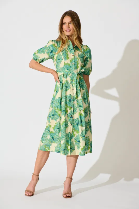 Arleth Midi Dress in Green Floral Print Cotton sold by St Frock