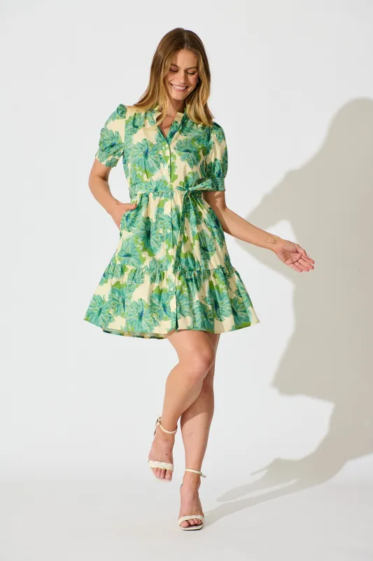 Laviana Dress in Green Floral Print Cotton sold by St Frock