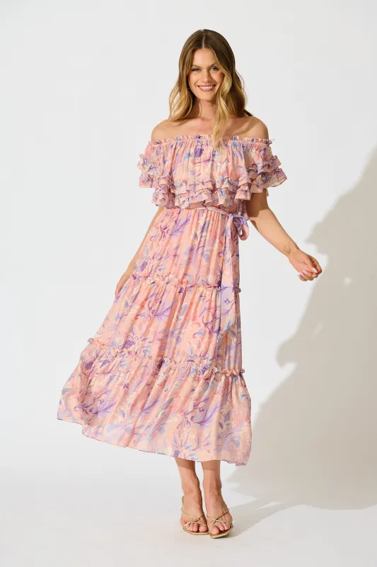 Franc Midi Dress in Soft Peach with Lilac Floral Chiffon sold by St Frock