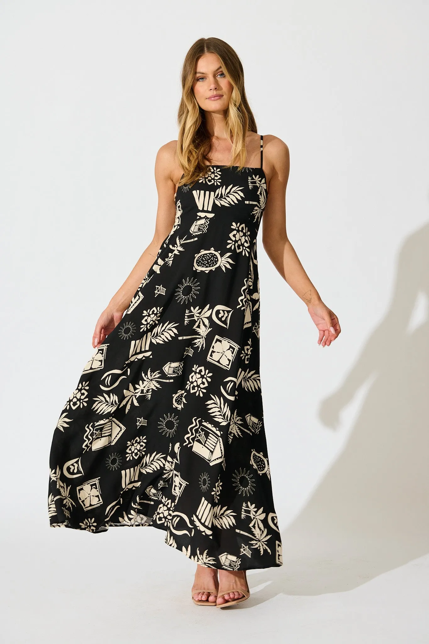 Yetta Maxi Sundress In Black Palm Print sold by St Frock