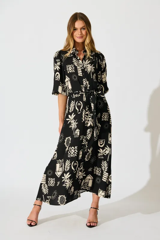 Coco Maxi Shirt Dress In Black Palm Print sold by St Frock