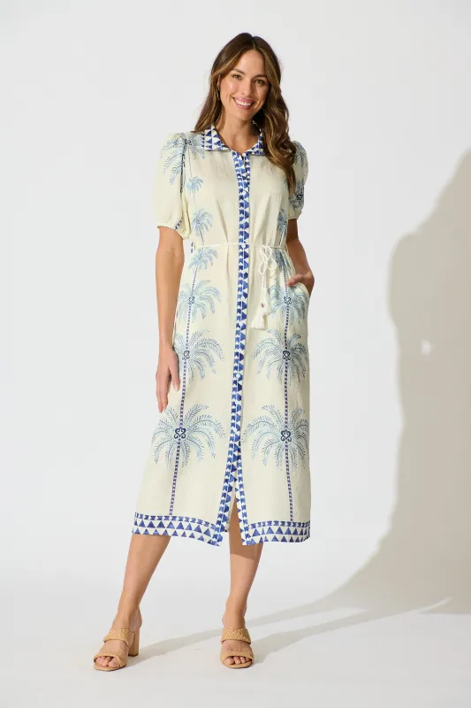 Palmira Midi Shirt Dress in Cream with Navy Palm Tree sold by St Frock