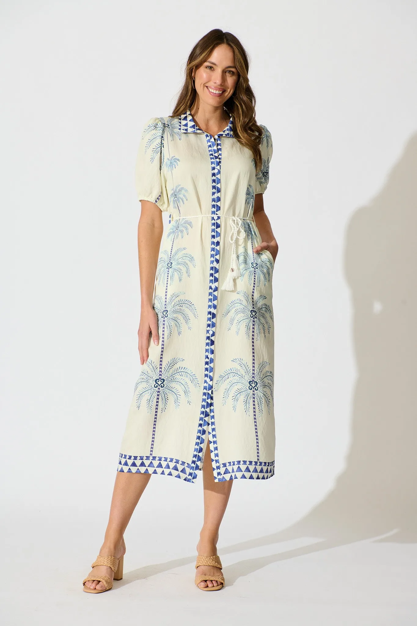 Palmira Midi Shirt Dress in Cream with Navy Palm Tree sold by St Frock